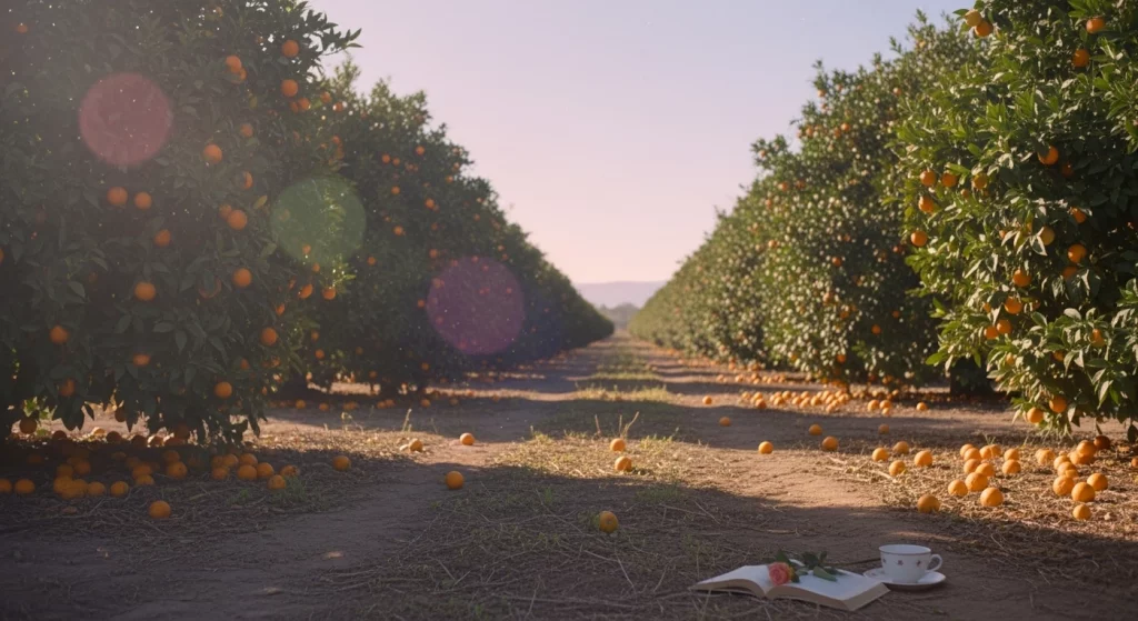 Plantación de naranjos al atardecer en finca de una empresa andaluza con producción cercana, procesos controlados y capacidad de exportación