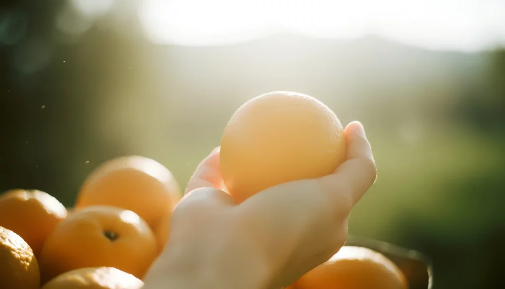 Mano sosteniendo una naranja bajo la luz natural en una empresa andaluza con producción cercana, procesos controlados y capacidad de exportación
